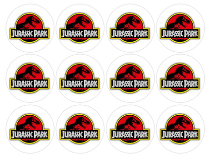Set of 12 "Jurassic Park" pre cut edible image discs for desserts, choose your size