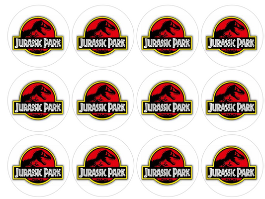 Set of 12 "Jurassic Park" pre cut edible image discs for desserts, choose your size