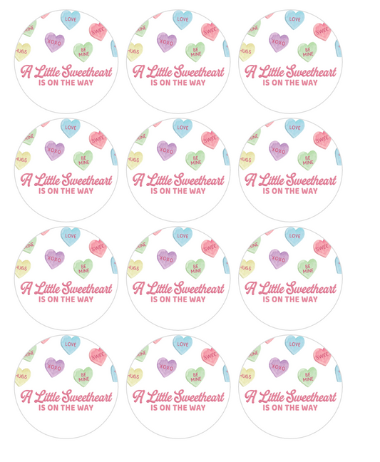 Set of 12 "A Little Sweetheart is on the Way" pre cut edible image discs for desserts, choose your size