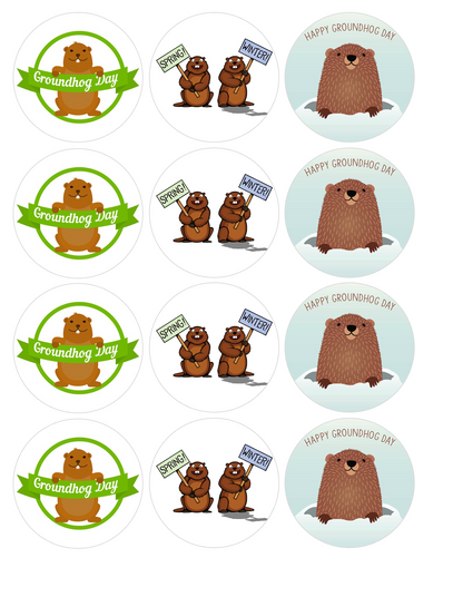 Set of 12 "Groundhog Day" pre cut edible image discs for desserts, choose your size