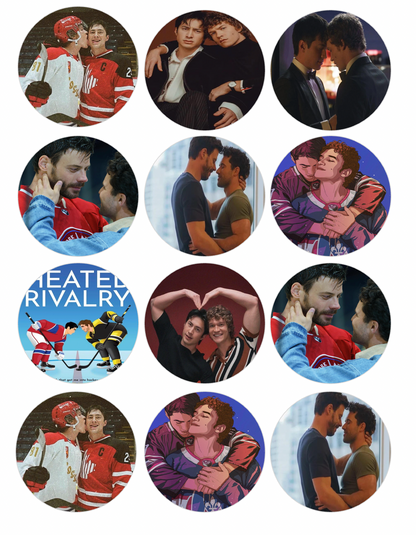 Set of 12 "Heated Rivalry" pre cut edible image discs for desserts, choose your size