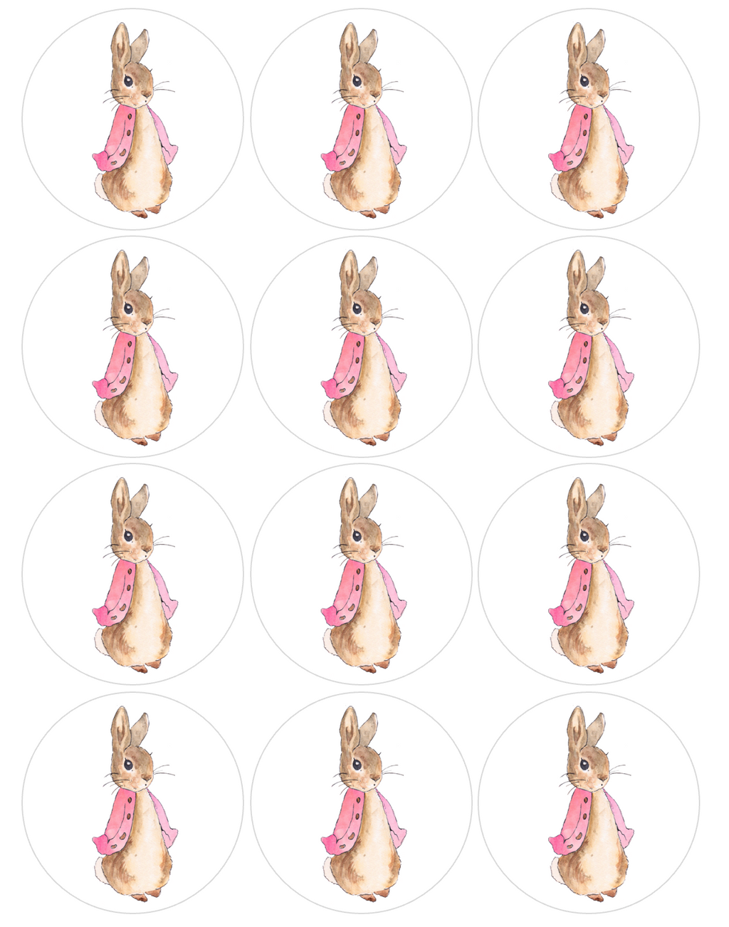 Set of 12 "Beatrix Potter, Peter Rabbit" pre cut edible image discs for desserts, choose your size