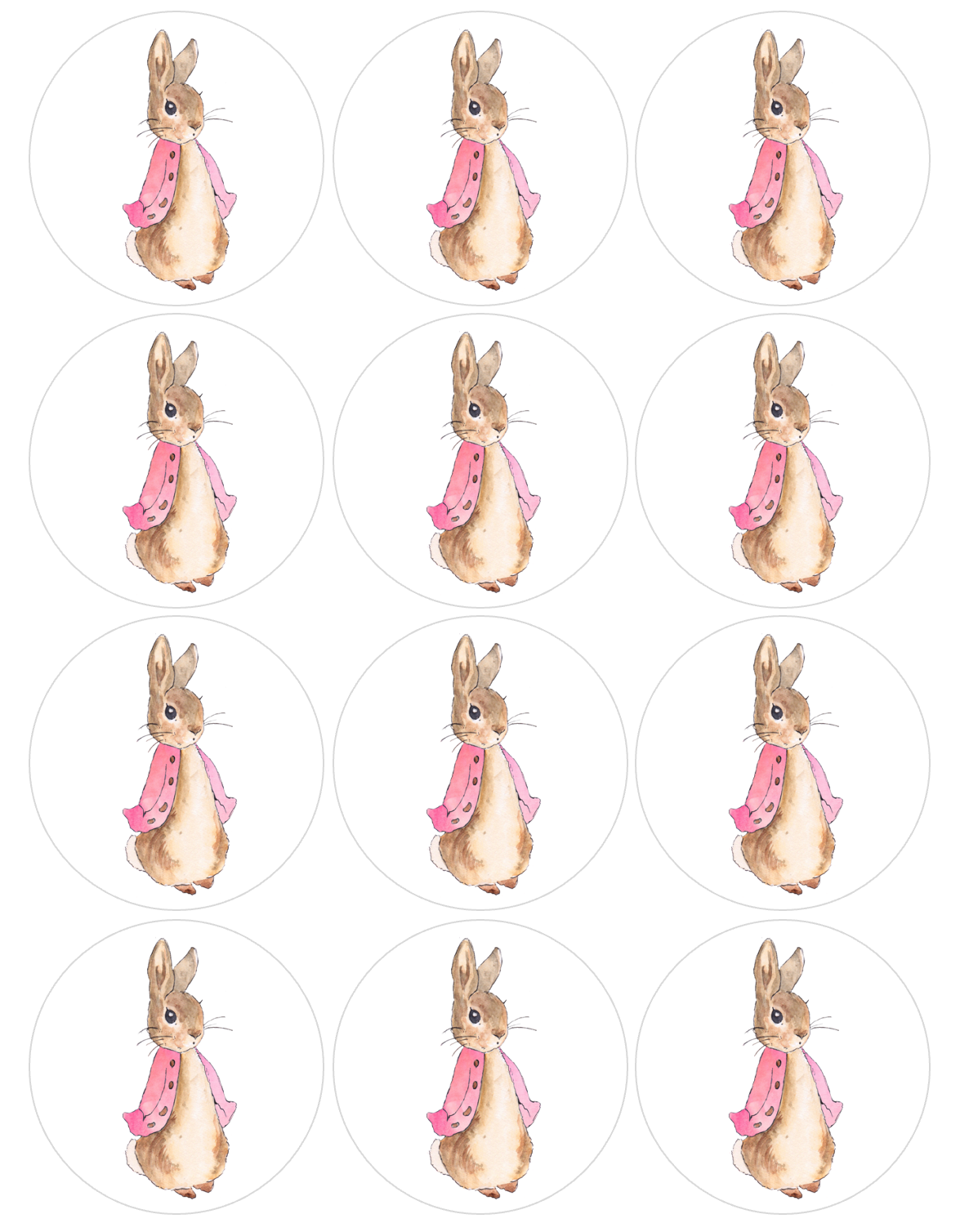 Set of 12 "Beatrix Potter, Peter Rabbit" pre cut edible image discs for desserts, choose your size
