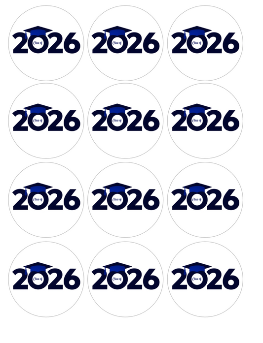 Set of 12 "2026 Graduation, Blue" pre cut edible image discs for desserts, choose your size