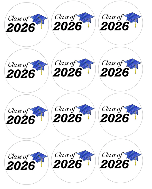 Set of 12 "2026 Graduation, Blue" pre cut edible image discs for desserts, choose your size