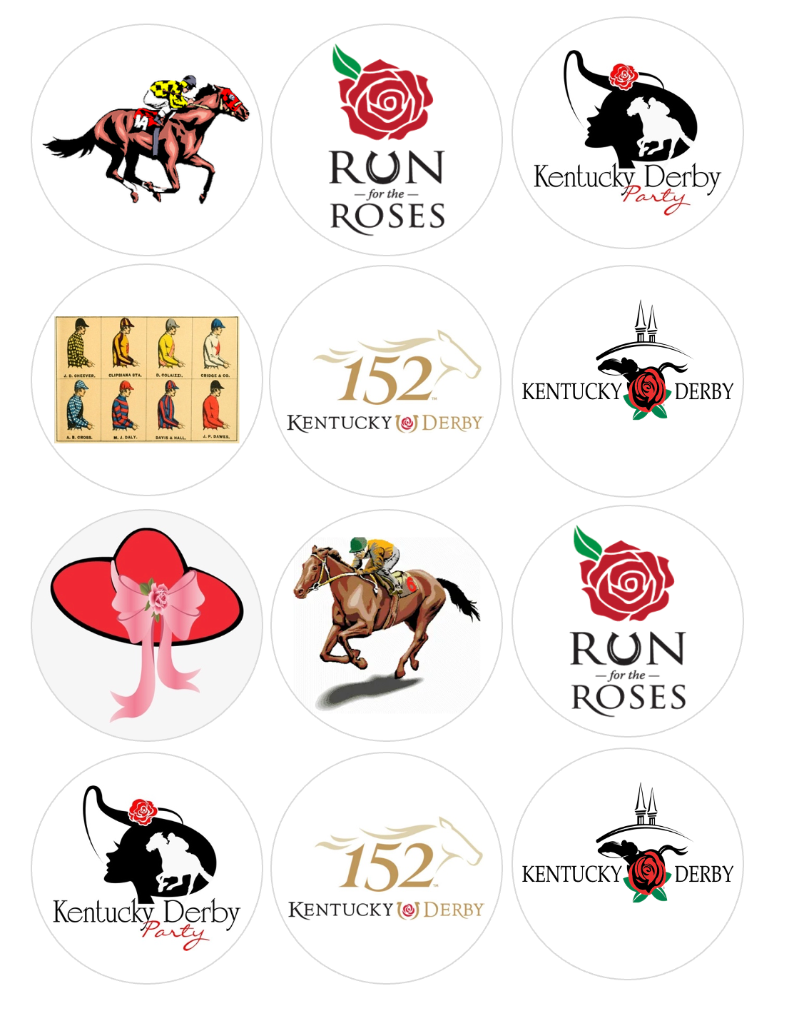 Set of 12 "Kentucky Derby" pre cut edible image discs for desserts, choose your size