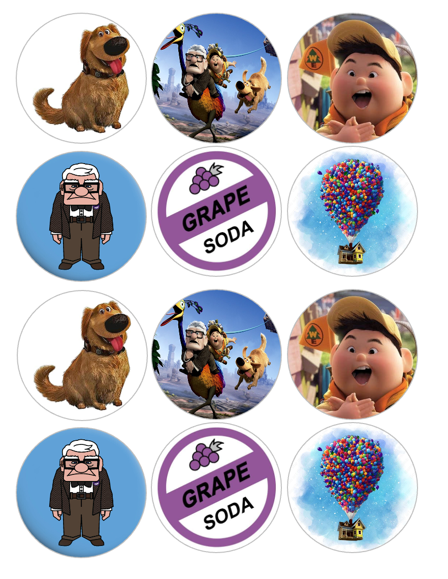 Set of 12 "UP movie" pre cut edible image discs for desserts, choose your size