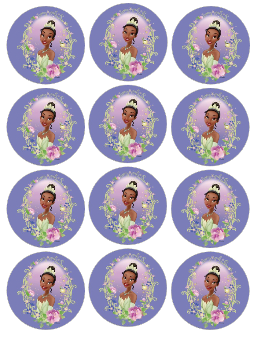 Set of 12 "Princess Tiana" pre cut edible image discs for desserts, choose your size
