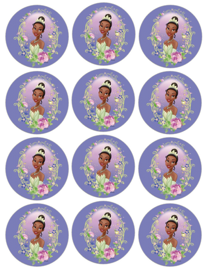 Set of 12 "Princess Tiana" pre cut edible image discs for desserts, choose your size