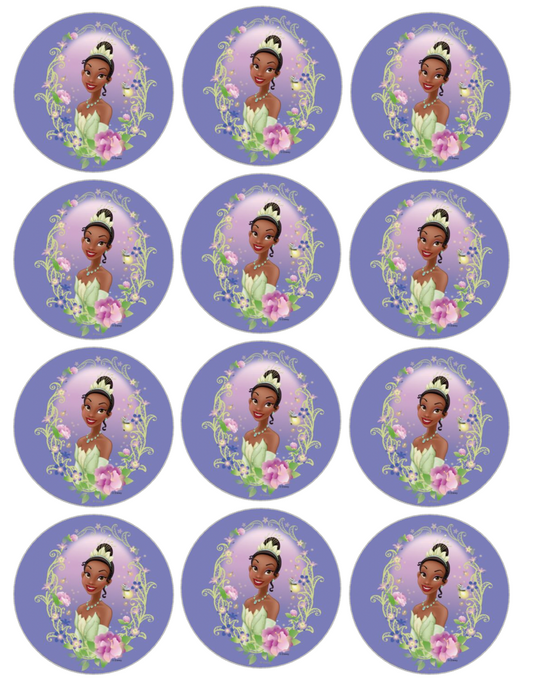Set of 12 "Princess Tiana" pre cut edible image discs for desserts, choose your size