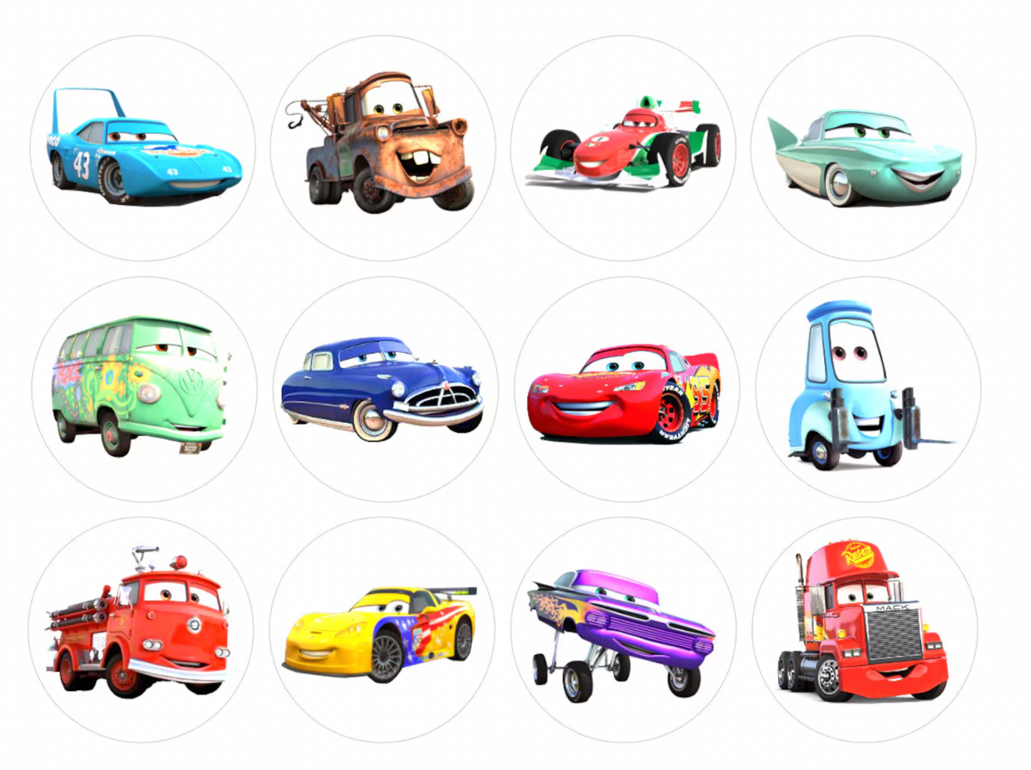 Set of 12 "Cars Movie" pre cut edible image discs for desserts, choose your size