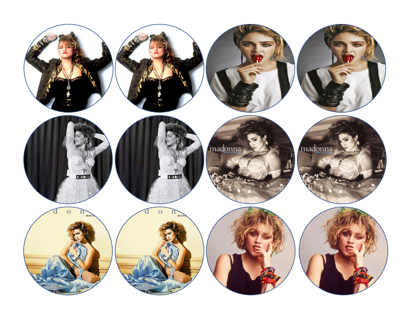 Set of 12 "Madonna" pre cut edible image discs for desserts, choose your size