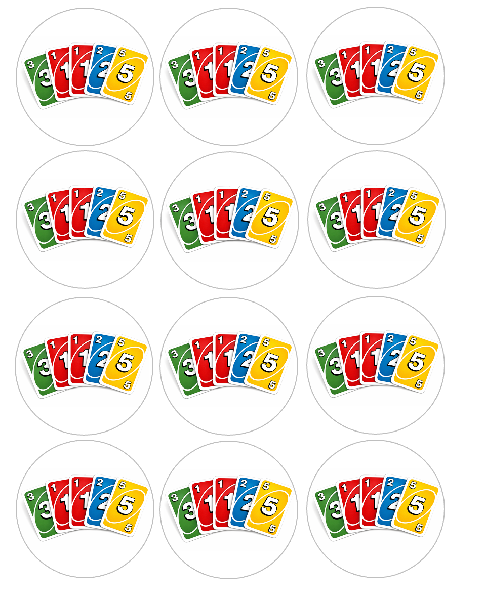 Set of 12 "UNO" pre cut edible image discs for desserts, choose your size