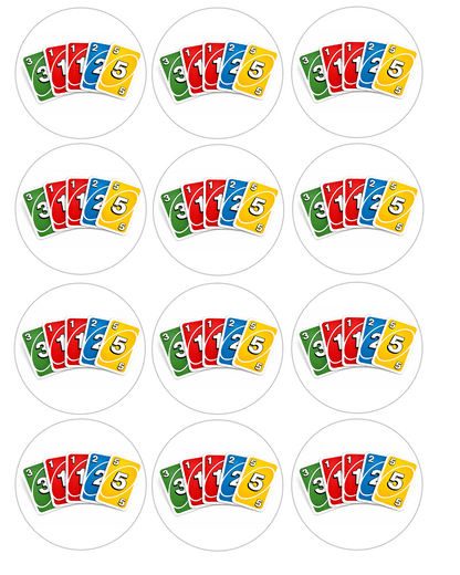 Set of 12 "UNO" pre cut edible image discs for desserts, choose your size