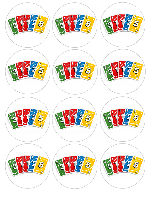 Set of 12 "UNO" pre cut edible image discs for desserts, choose your size