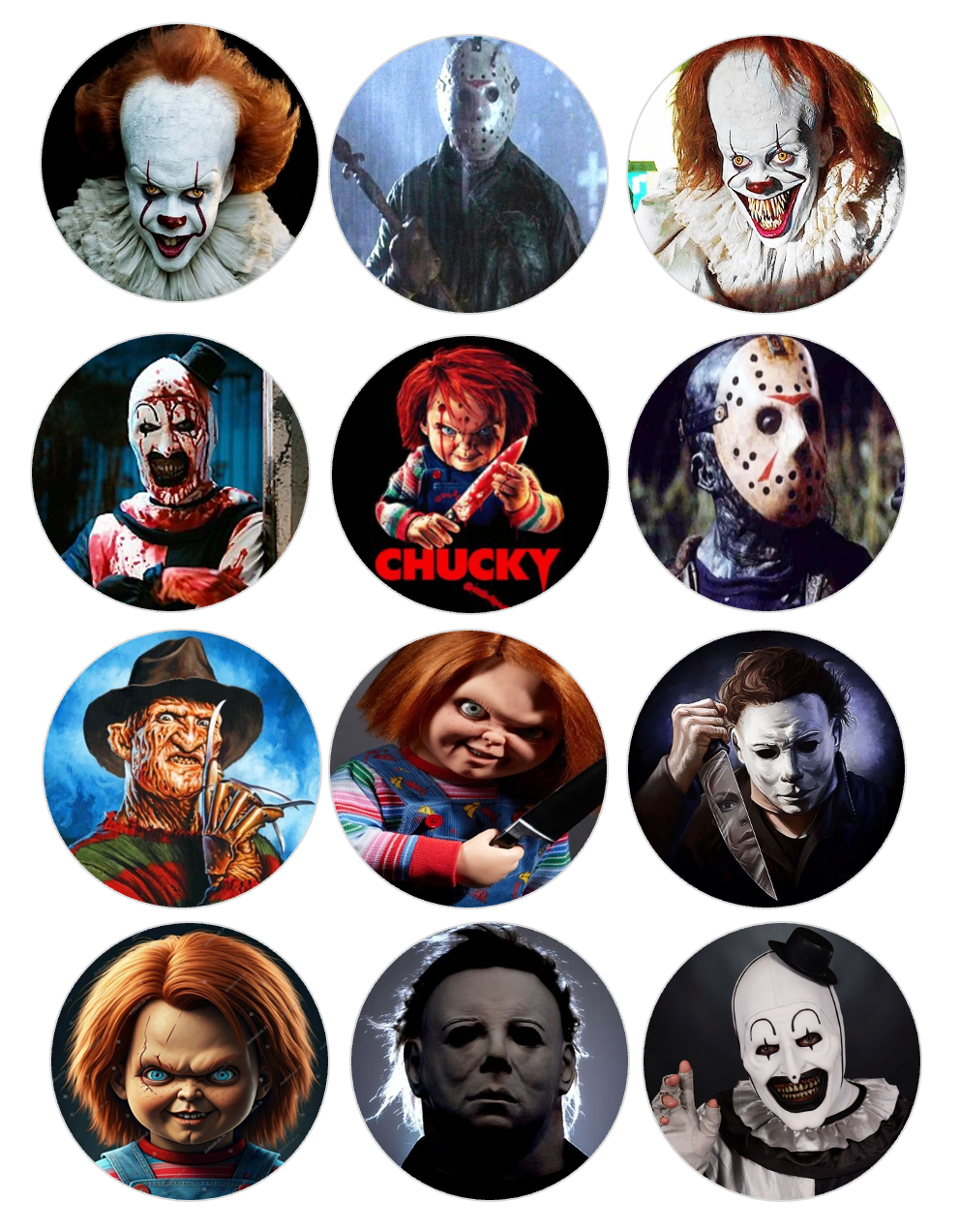 Set of 12 "Horror Movie" pre cut edible image discs for desserts, choose your size