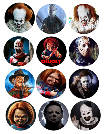 Set of 12 "Horror Movie" pre cut edible image discs for desserts, choose your size
