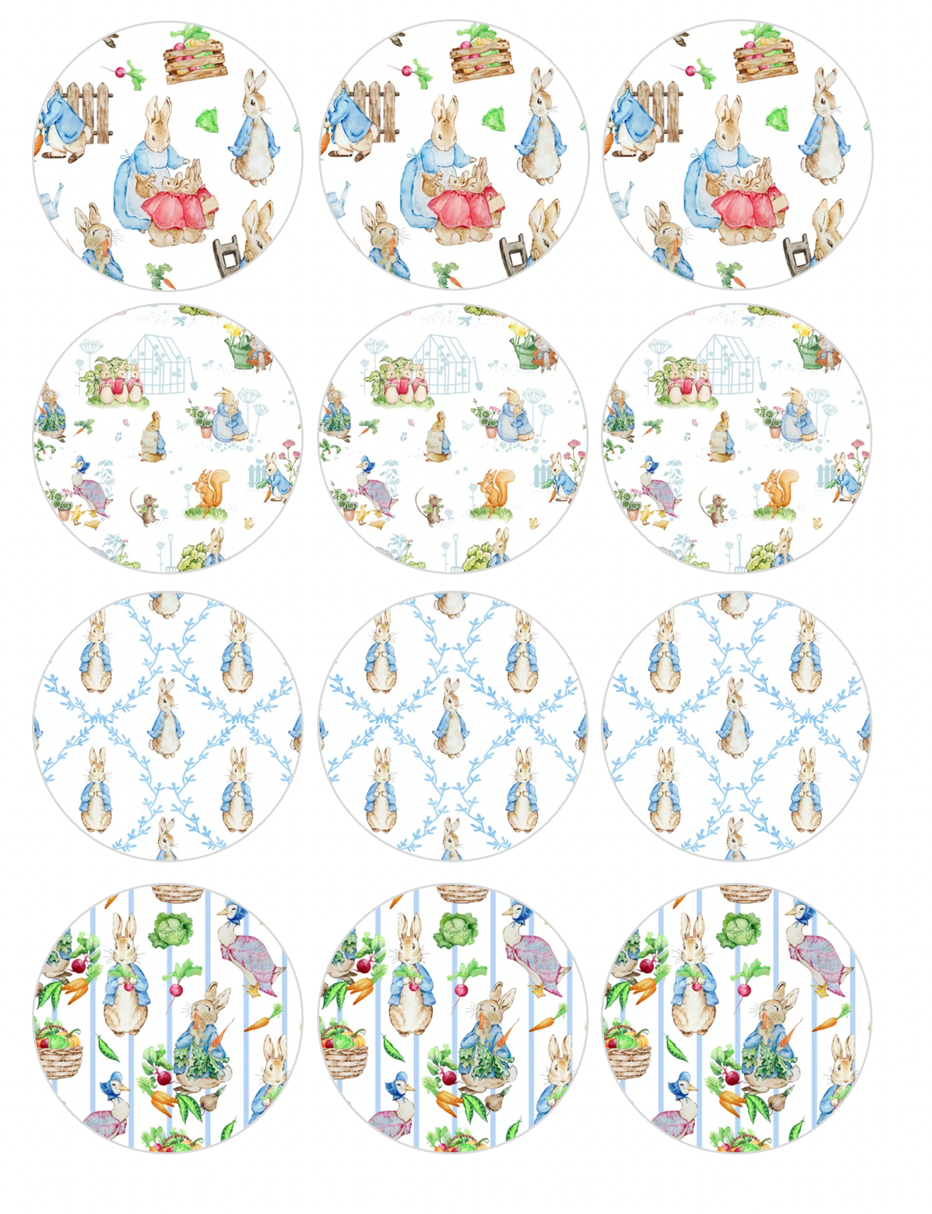 Set of 12 "Beatrix Potter, Peter Rabbit" pre cut edible image discs for desserts, choose your size