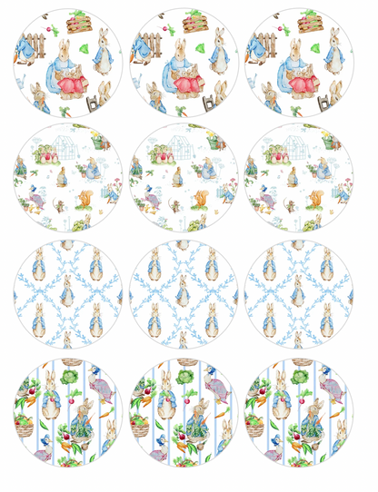 Set of 12 "Beatrix Potter, Peter Rabbit" pre cut edible image discs for desserts, choose your size