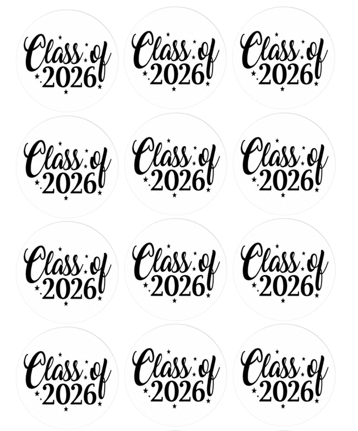 Set of 12 "2026 Graduation, Seniors" pre cut edible image discs for desserts, drink toppers, choose your size