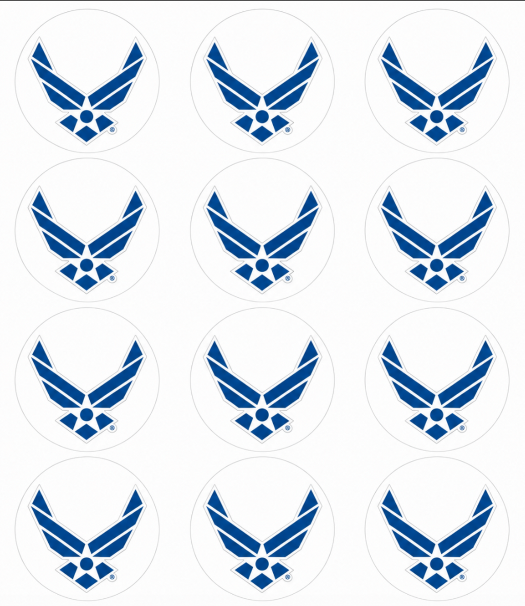 Set of 12 "U.S. Air Force" pre cut edible image discs for desserts, choose your size