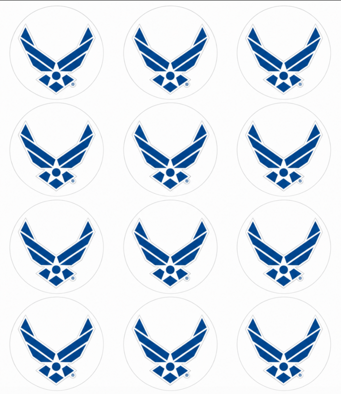 Set of 12 "U.S. Air Force" pre cut edible image discs for desserts, choose your size