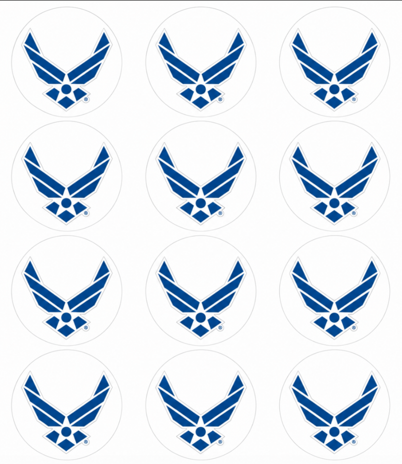 Set of 12 "U.S. Air Force" pre cut edible image discs for desserts, choose your size