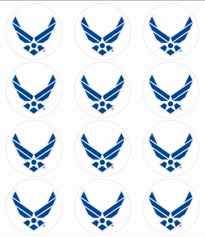 Set of 12 "U.S. Air Force" pre cut edible image discs for desserts, choose your size