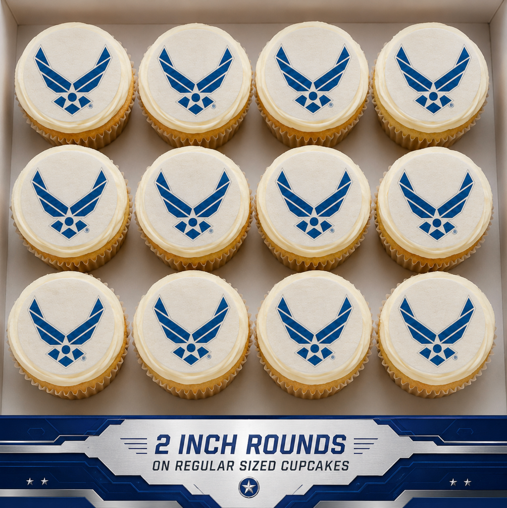 Set of 12 "U.S. Air Force" pre cut edible image discs for desserts, choose your size