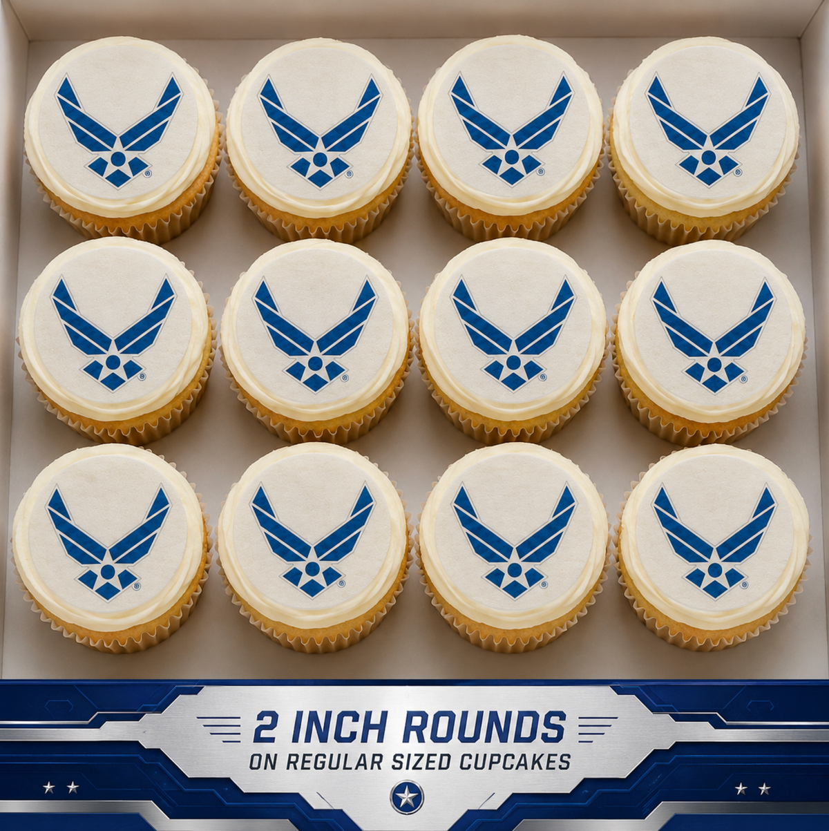Set of 12 "U.S. Air Force" pre cut edible image discs for desserts, choose your size