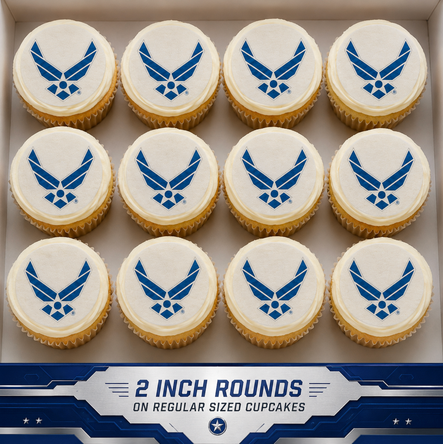 Set of 12 "U.S. Air Force" pre cut edible image discs for desserts, choose your size
