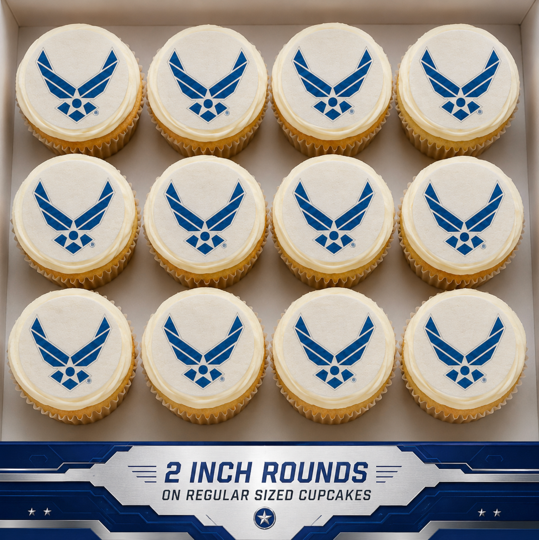 Set of 12 "U.S. Air Force" pre cut edible image discs for desserts, choose your size