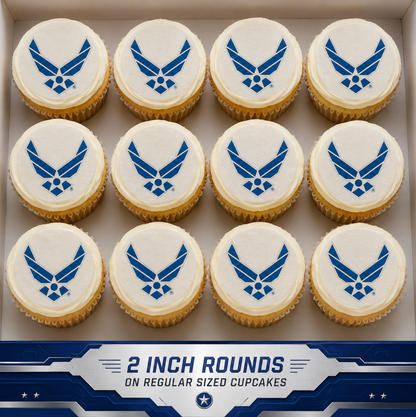 Set of 12 "U.S. Air Force" pre cut edible image discs for desserts, choose your size