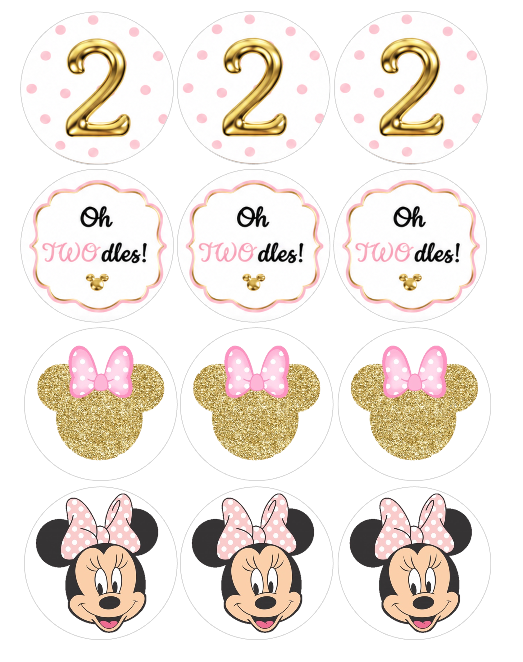 Set of 12 "Oh TWOdles, 2nd Birthday, Minnie Mouse" pre cut edible image discs for desserts, choose your size