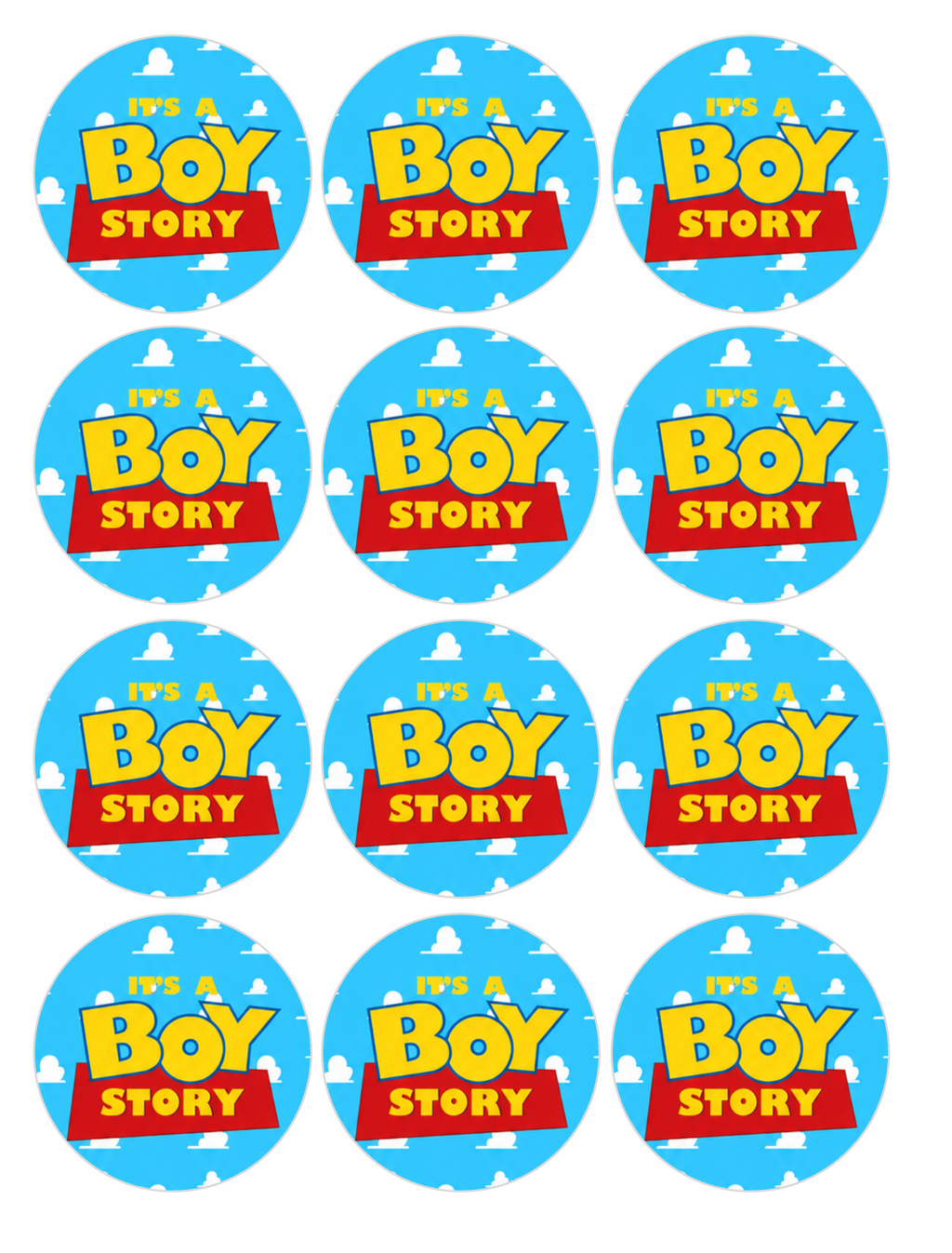 Set of 12 "It’s a Boy Story" pre cut edible image discs for desserts, choose your size