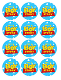 Set of 12 "It’s a Boy Story" pre cut edible image discs for desserts, choose your size
