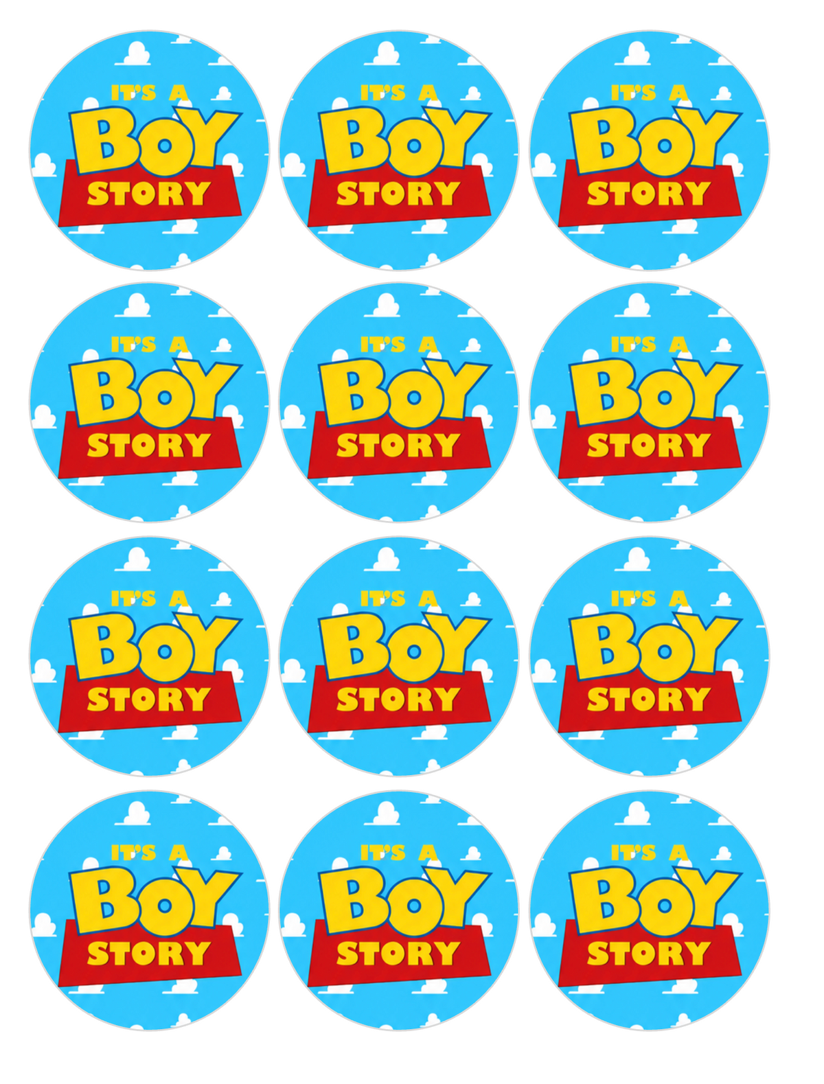 Set of 12 "It’s a Boy Story" pre cut edible image discs for desserts, choose your size