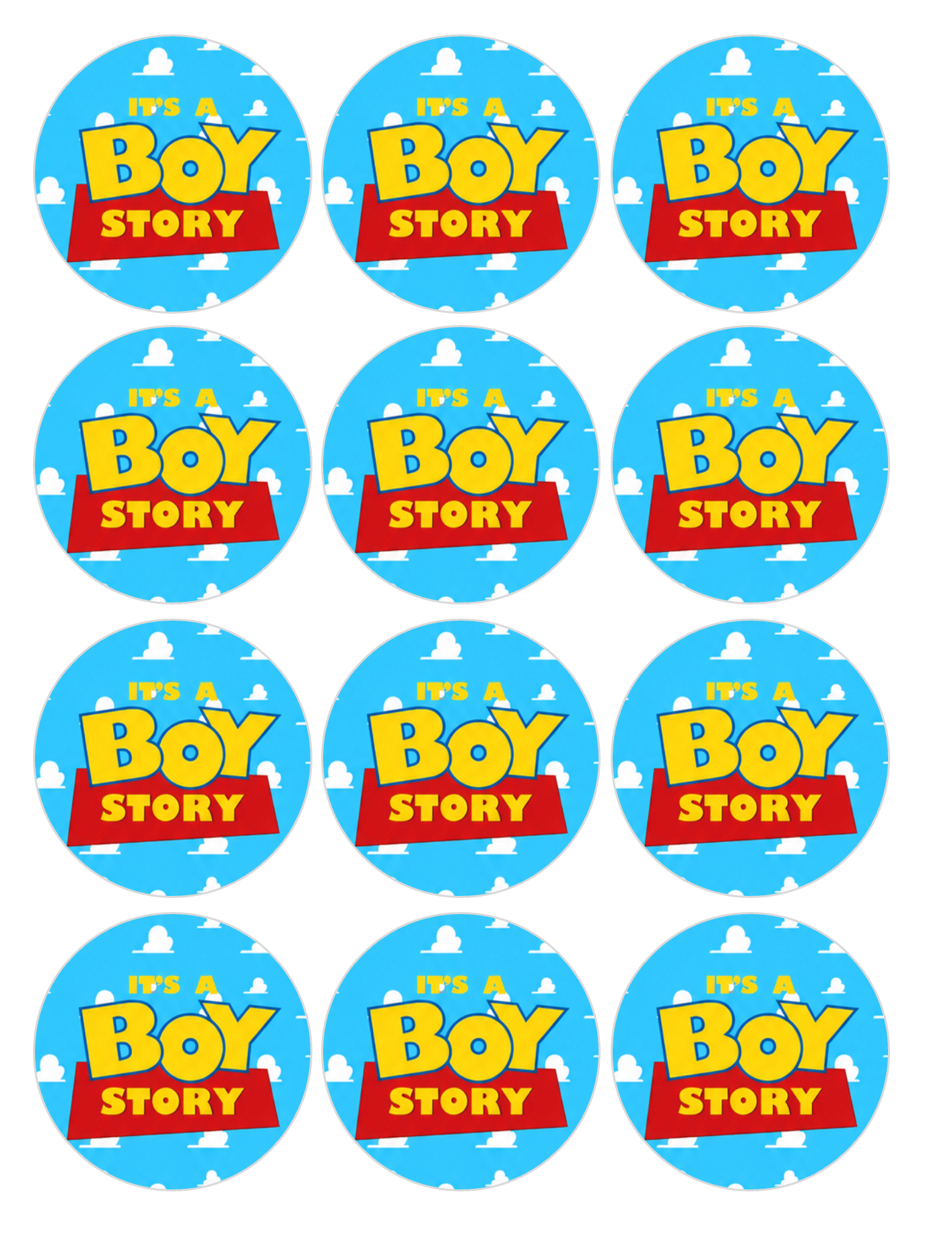 Set of 12 "It’s a Boy Story" pre cut edible image discs for desserts, choose your size