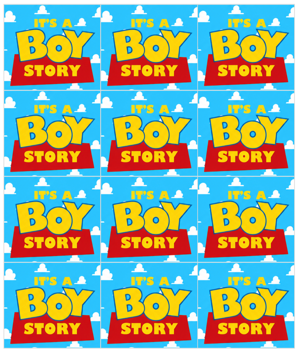 Set of 12 "It’s a Boy Story" pre cut edible image squares for desserts, choose your size