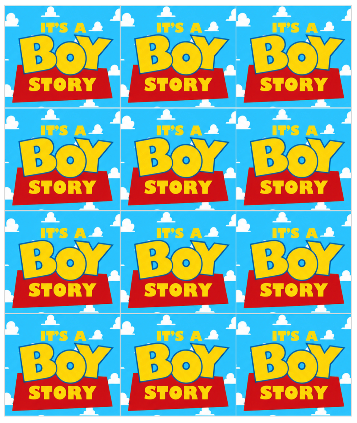 Set of 12 "It’s a Boy Story" pre cut edible image squares for desserts, choose your size