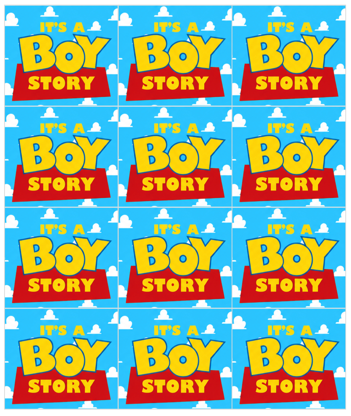 Set of 12 "It’s a Boy Story" pre cut edible image squares for desserts, choose your size