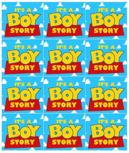 Set of 12 "It’s a Boy Story" pre cut edible image squares for desserts, choose your size