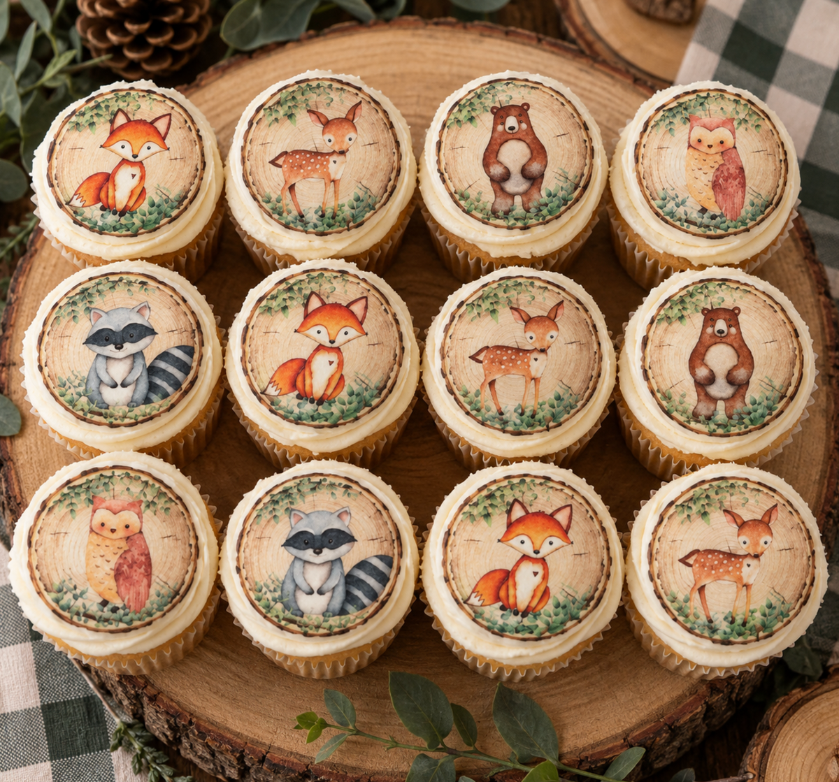 Set of 12 "Woodland Animals, Baby Shower" pre cut edible image discs for desserts, choose your size