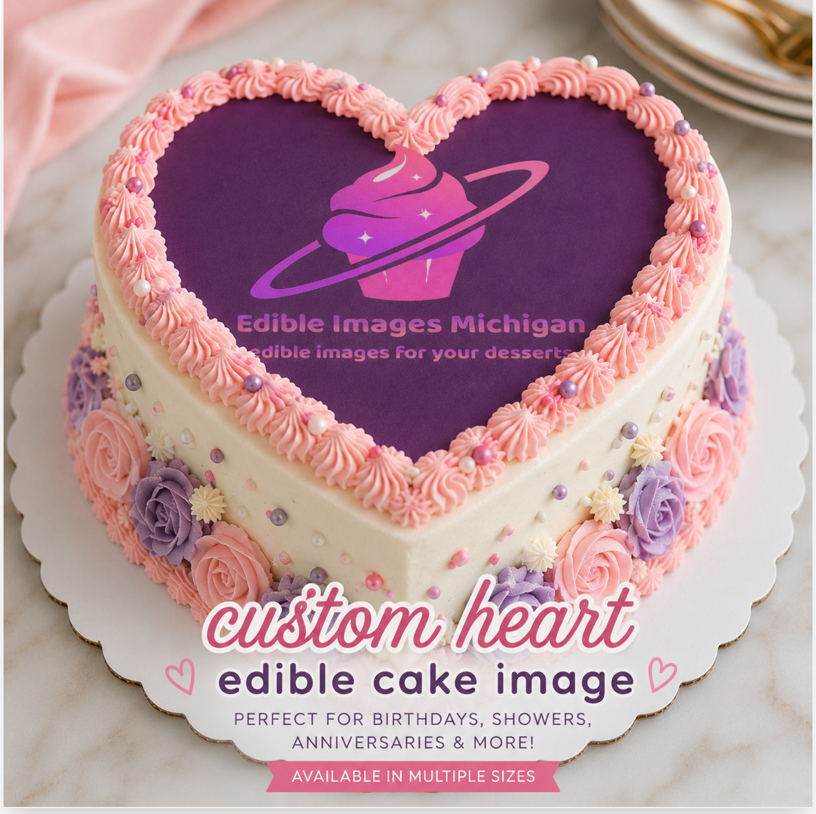 CUSTOM HEART CAKE EDIBLE IMAGE- MANY SIZES AVAILABLE