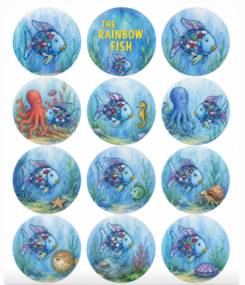 Set of 12 The Rainbow Fish Book edible images rounds for desserts, pre cut, many sizes available