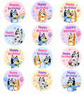 Set of 12 Bluey Happy Birthday edible images rounds for desserts, pre cut, many sizes available