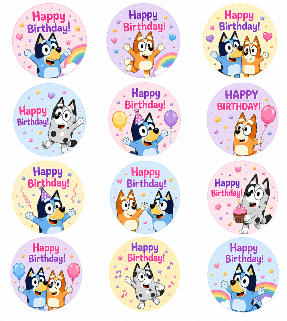Set of 12 Bluey Happy Birthday edible images rounds for desserts, pre cut, many sizes available