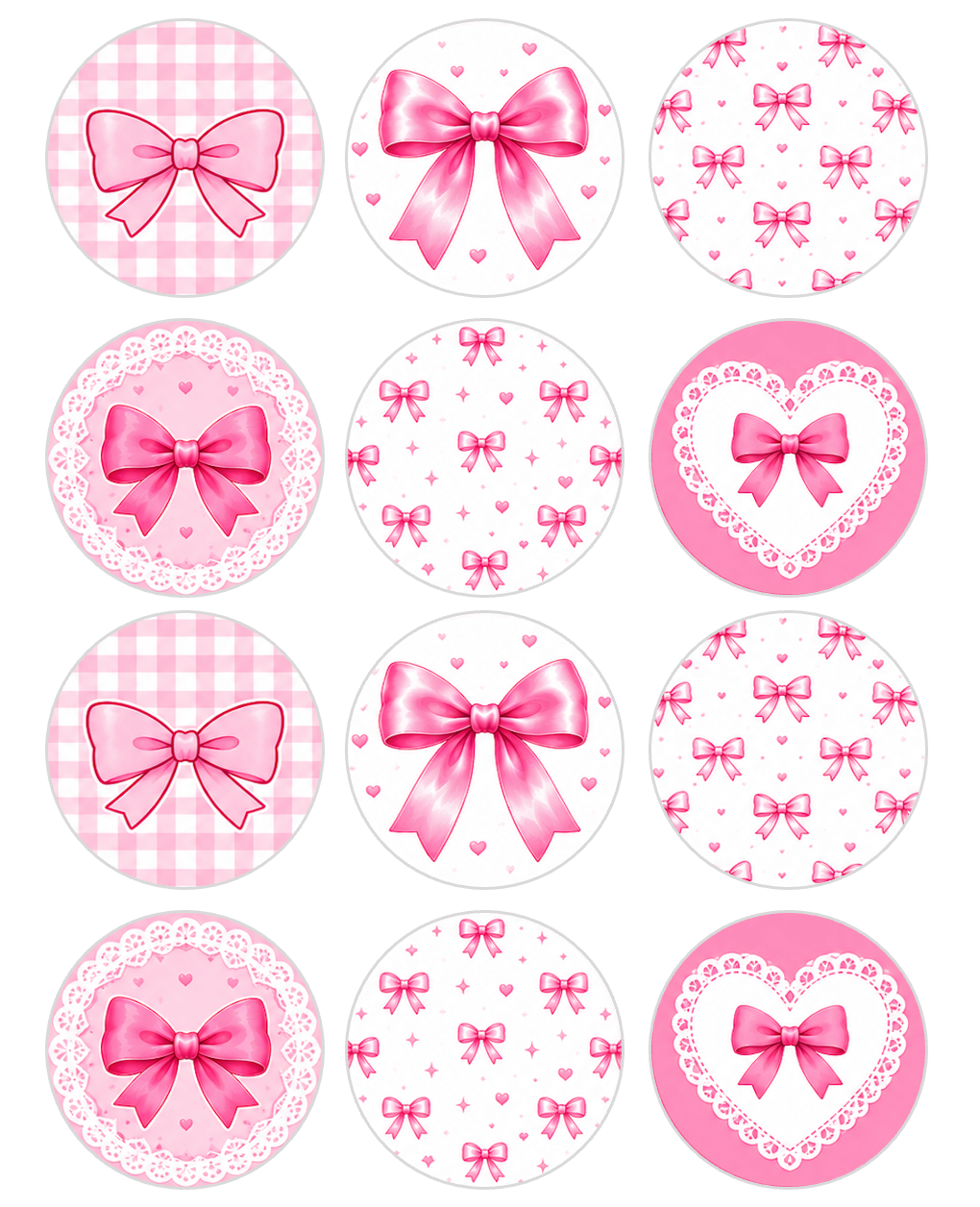 Set of 12 Pink Coquette Bows edible images rounds for desserts, pre cut, many sizes available