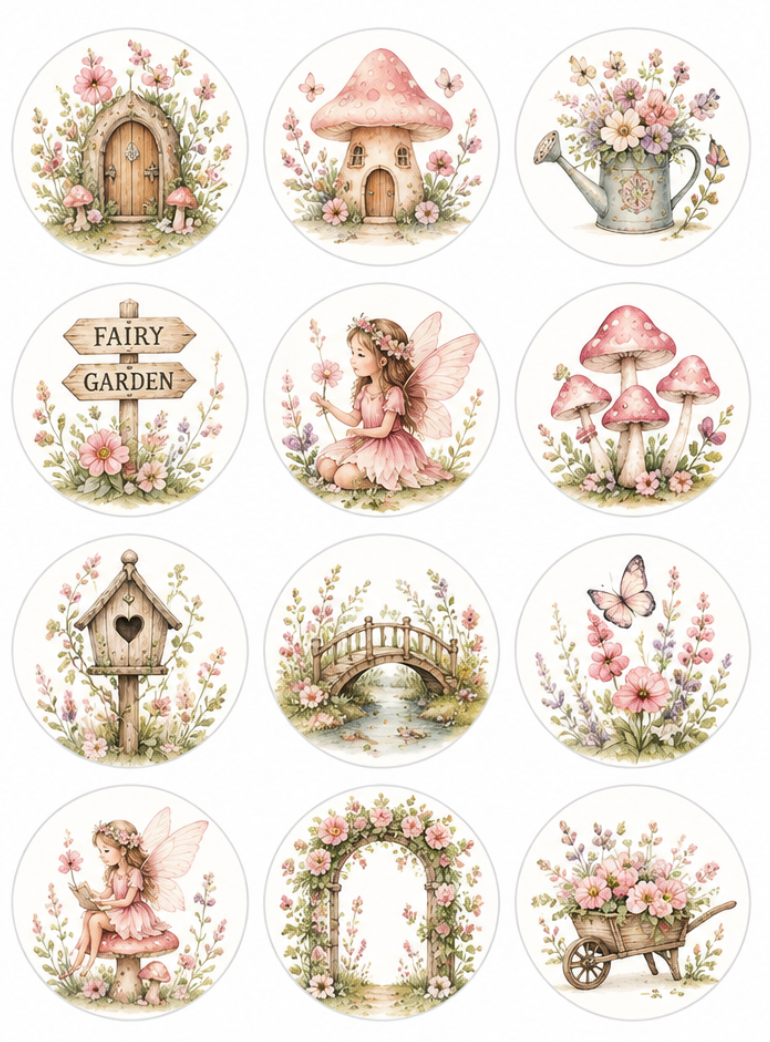 Set of 12 Fairy Garden edible images rounds for desserts, pre cut, many sizes available