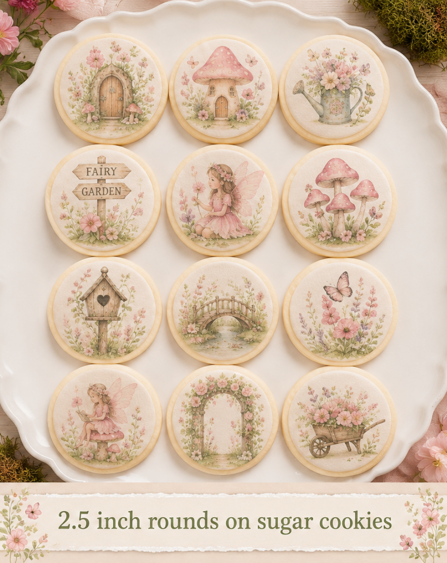 Set of 12 Fairy Garden edible images rounds for desserts, pre cut, many sizes available